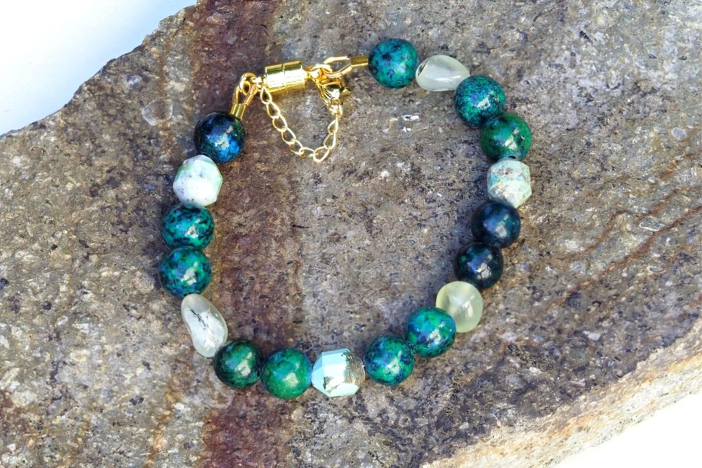 Turquoise & Chrysocolla Gold Magnetic Clasp Bracelet with Safety Chain - Picture 2 of 2